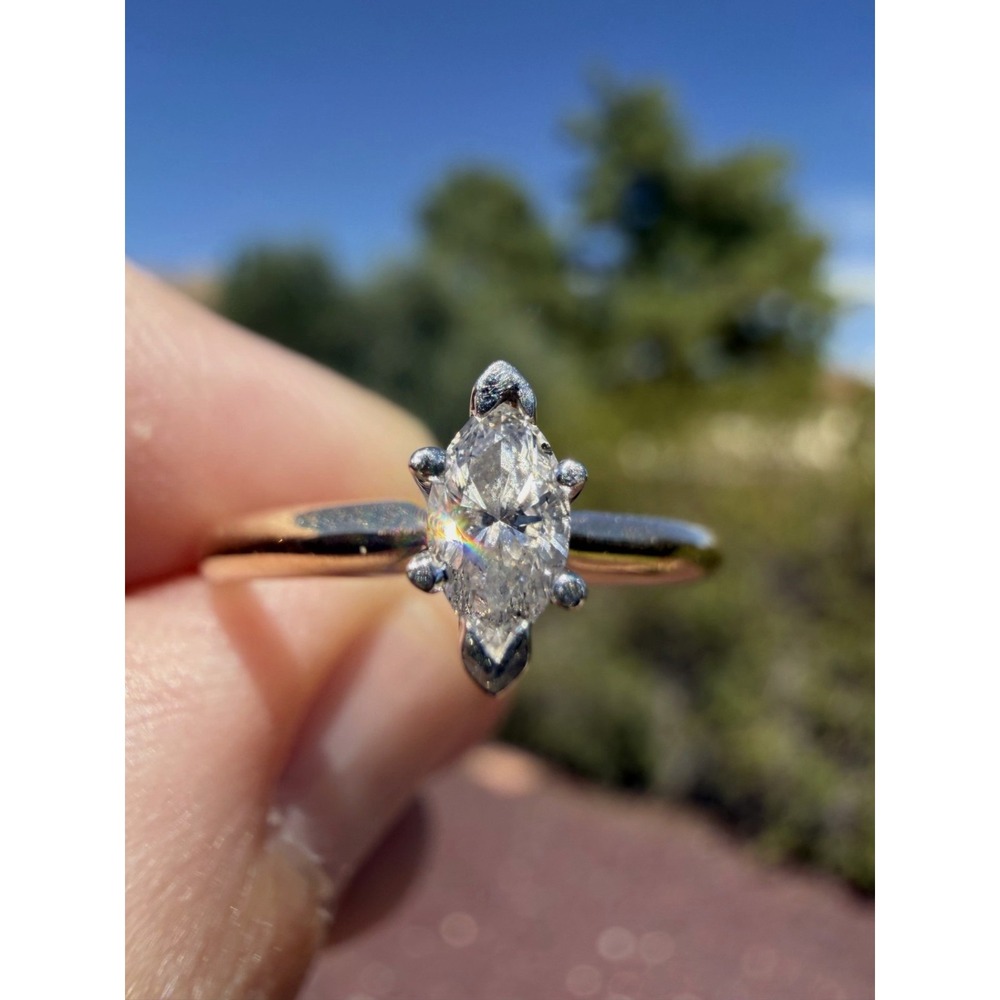 Vintage 14k Solid Yellow Gold Natural Marquise Diamond Ring - Size 6.75